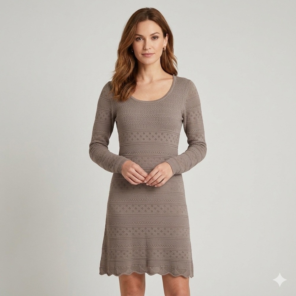 Aniston Knit Dress Womens 10 Taupe Pointelle Long Sleeve Scalloped Boho‎ Chic